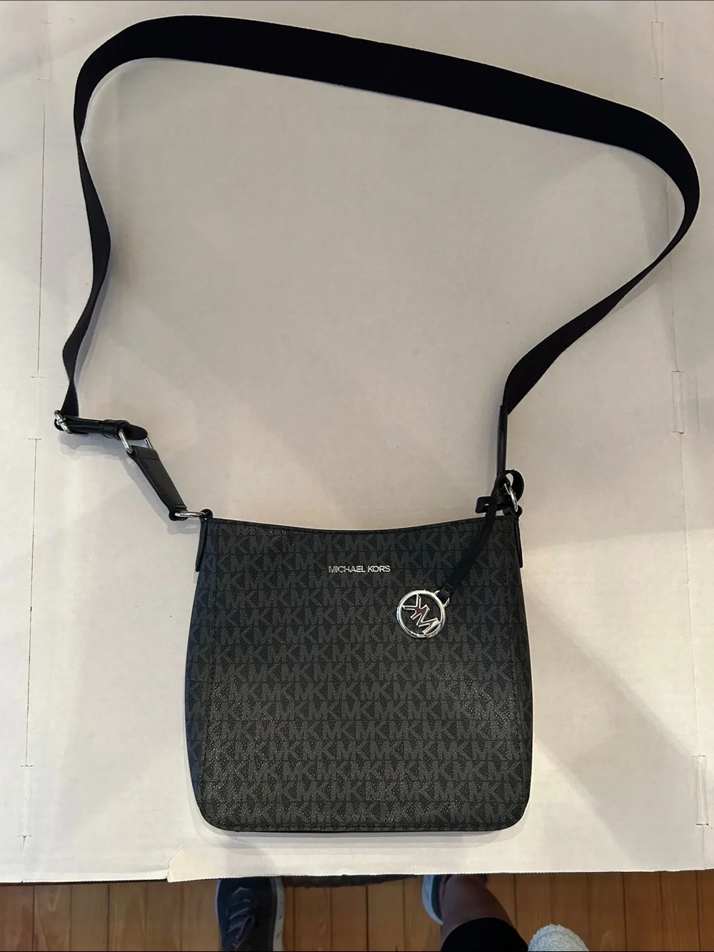 Michael Kors Black MK Signature Messenger Bag with Silver Charm